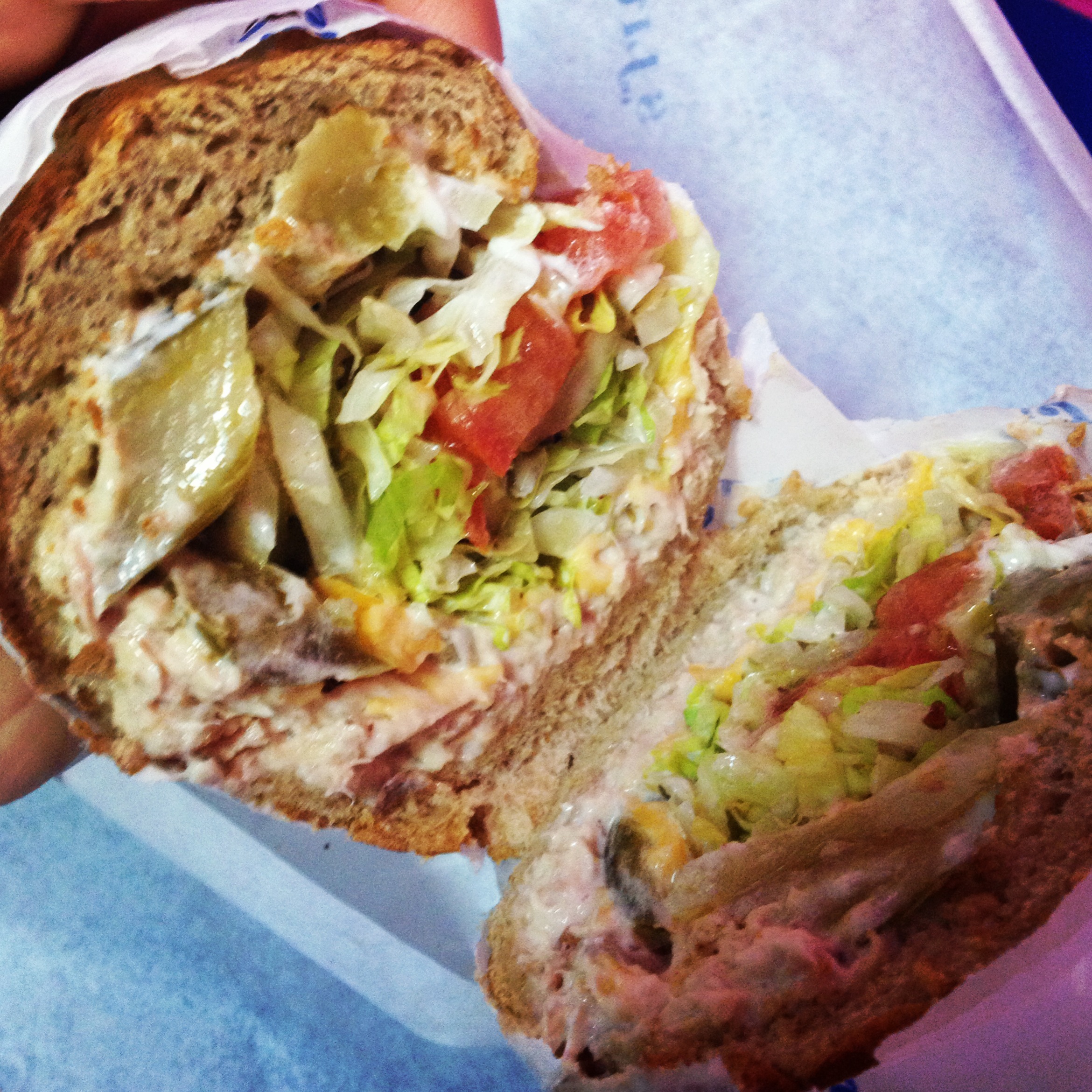 Alana's choice...Tuna Melt with everything from tomatoes to lettuce to hot peppers