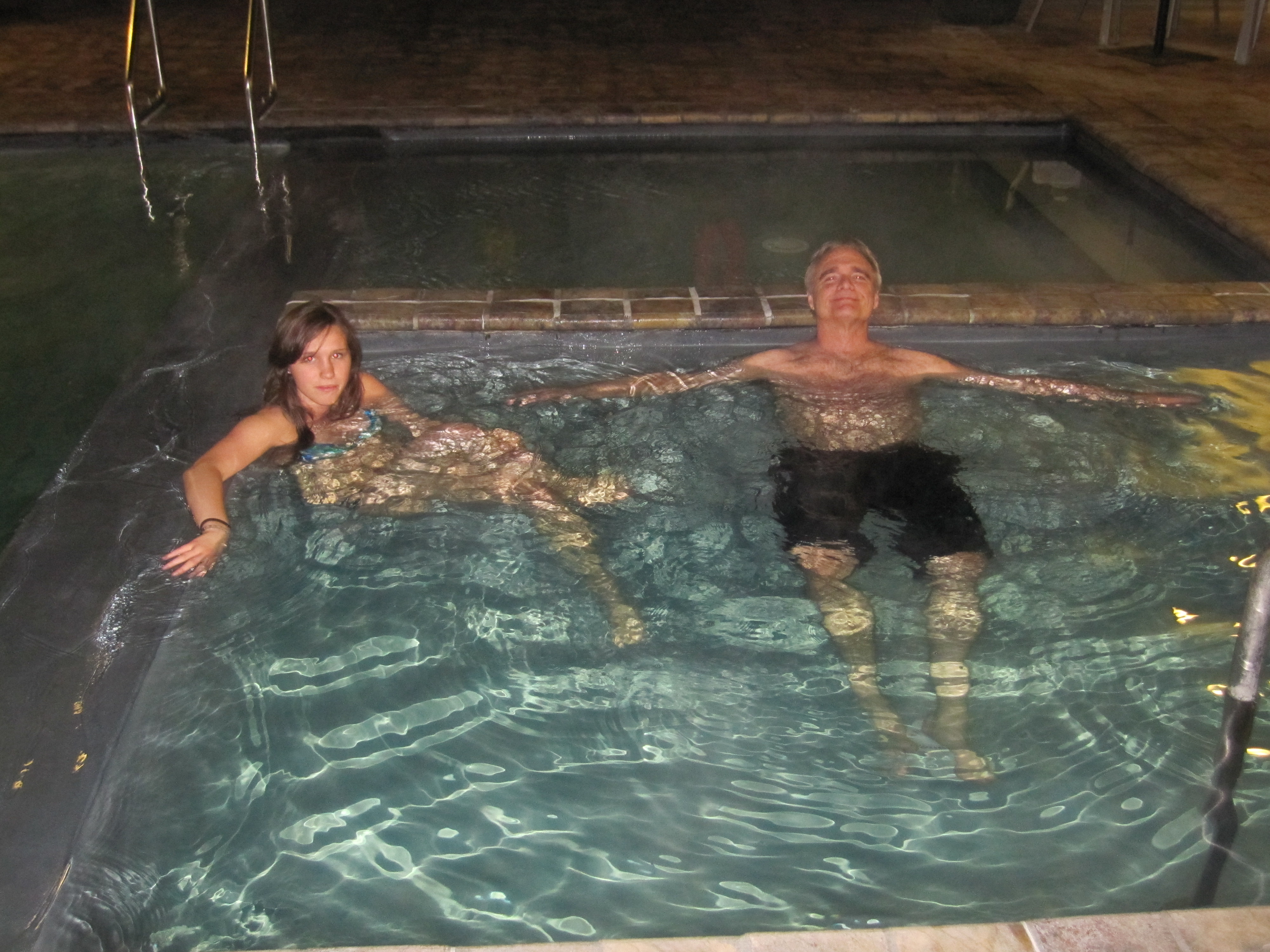 Fit and her Dad in a hot tub in New Zealand 