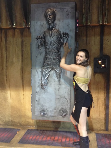 Here is Fit posing with Han Solo trapped in carbonite. Damn you Lando for selling him out to Vader and Boba Fett. This was a part of the Far Away Creations area where a group of Star Wars fans provided models and replicas of the original trilogy. Lots of fun.